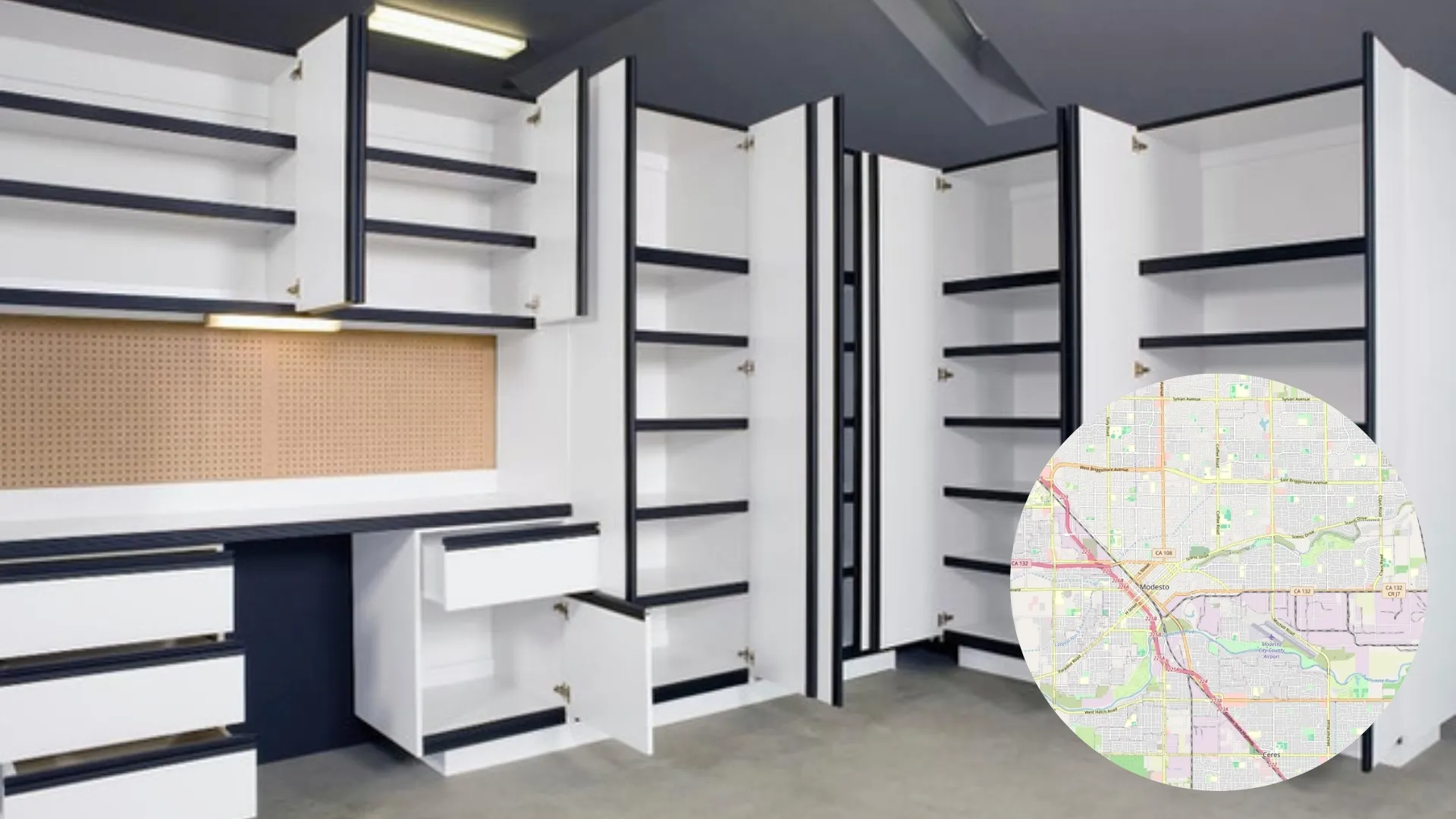 Custom garage cabinets with adjustable shelves and a workbench, with a Modesto, CA map inset.